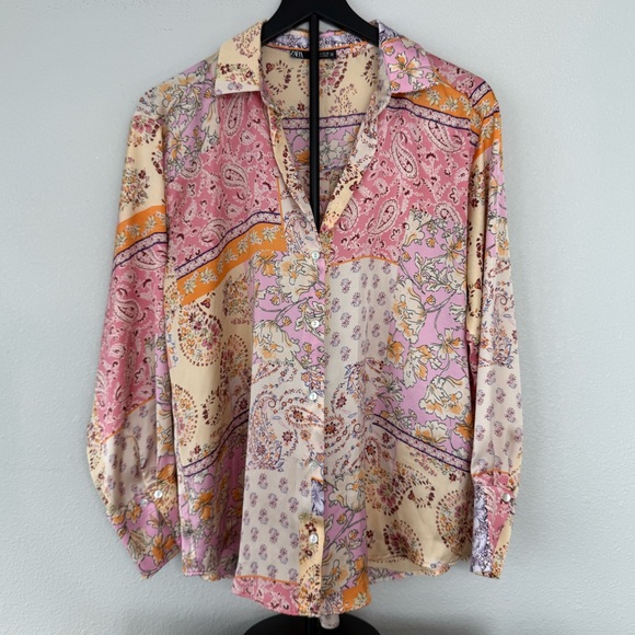 Zara Floral Women’s Satin Paisley Blouse Long Sleeve Button Down Size M - Picture 7 of 11